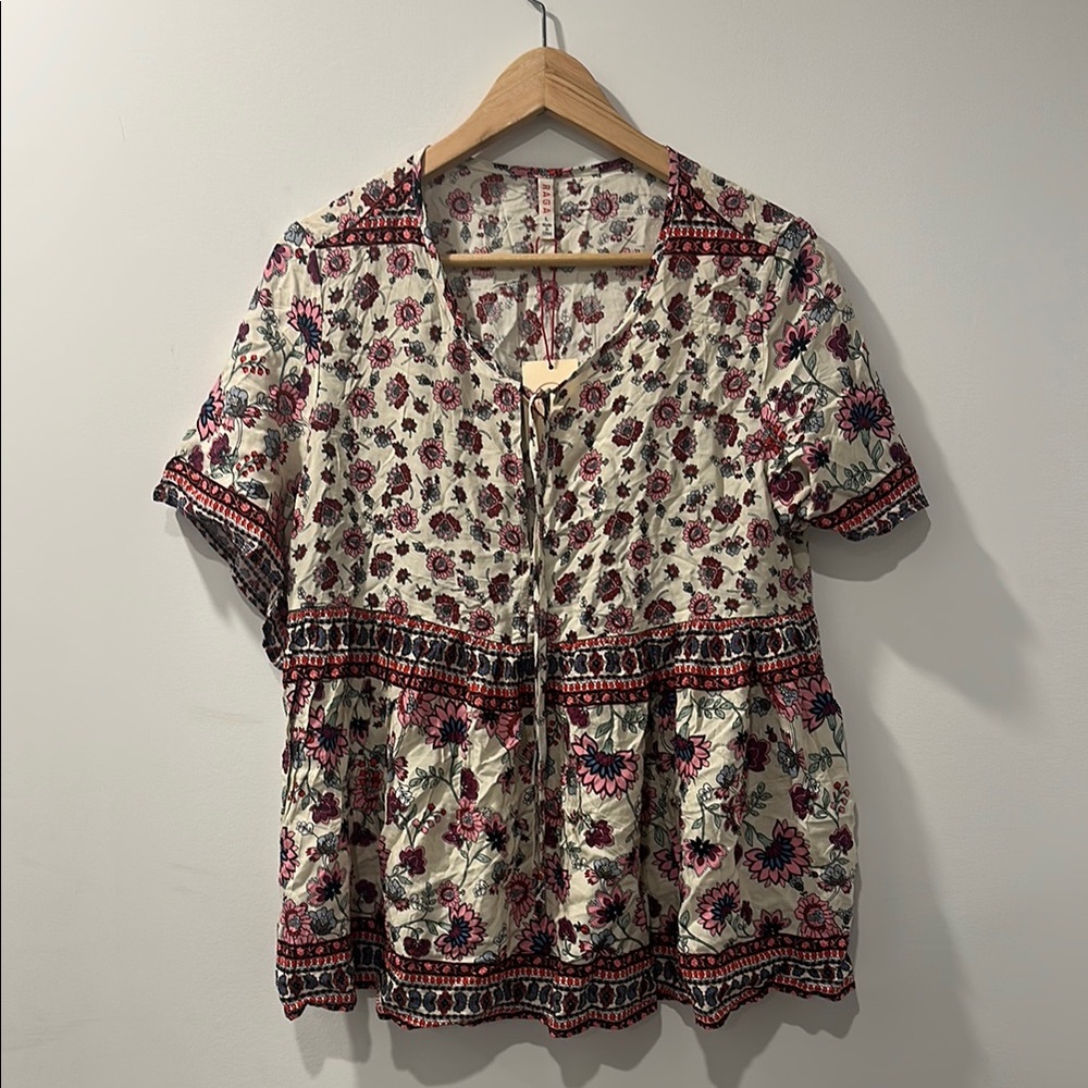 RAGA Multicolored Tie Front Blouse with Short Sleeves